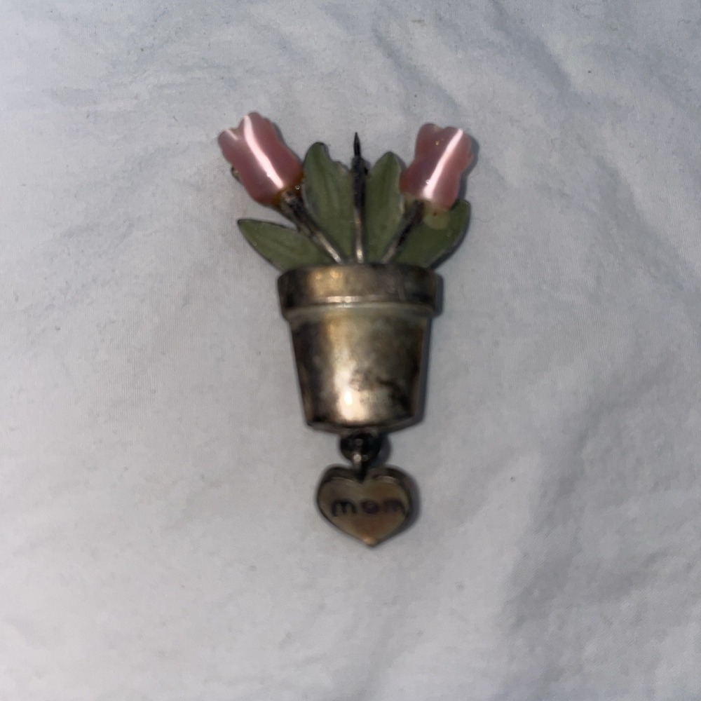 Pink Tulip Glass Flower In Pot Green Enamel Leaves Mom Brooch Pin‎ VTG READ